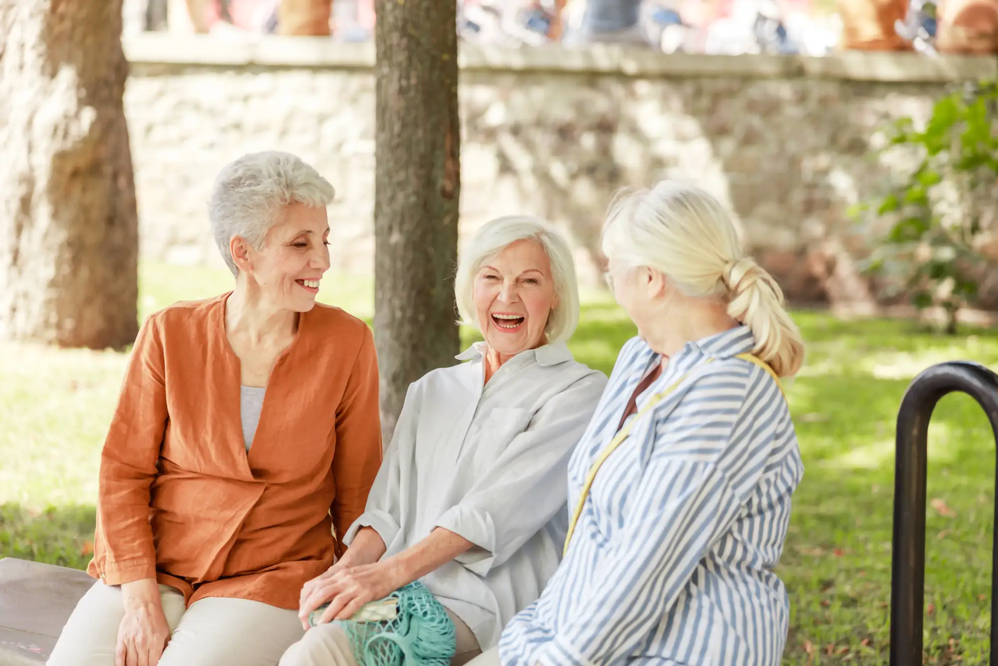 three senior friends laughing
